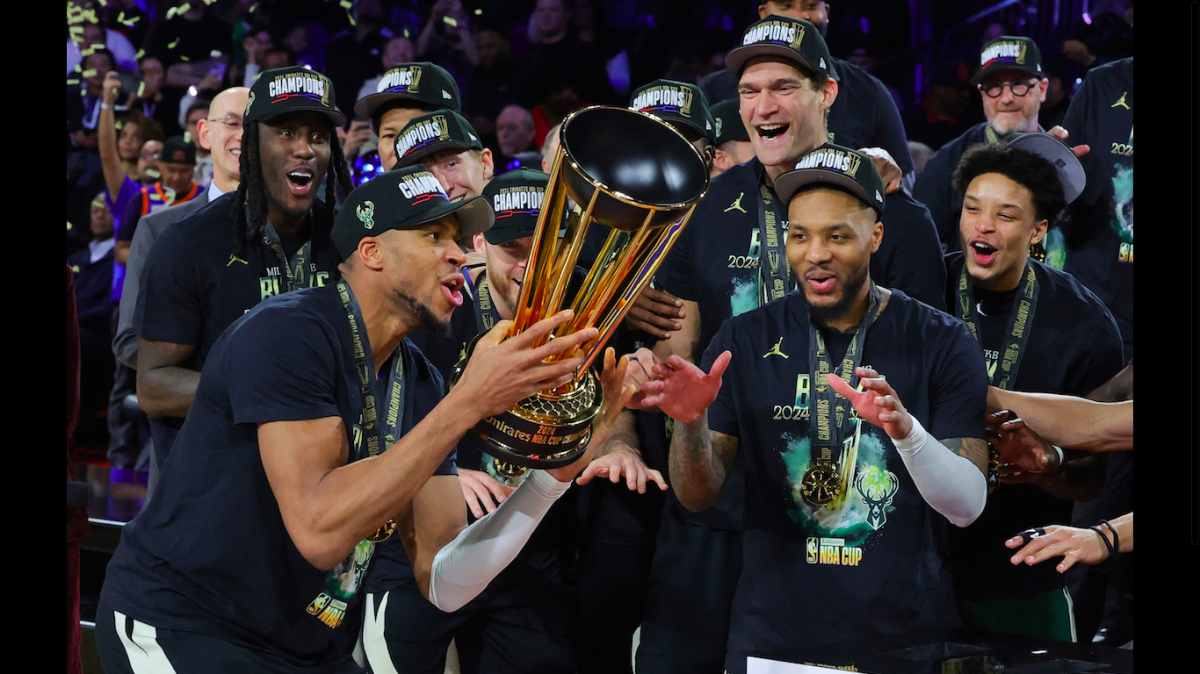 alt="Giannis Antetokounmpo delivers an outstanding performance as the Bucks triumph over the Thunder to clinch the NBA Cup"