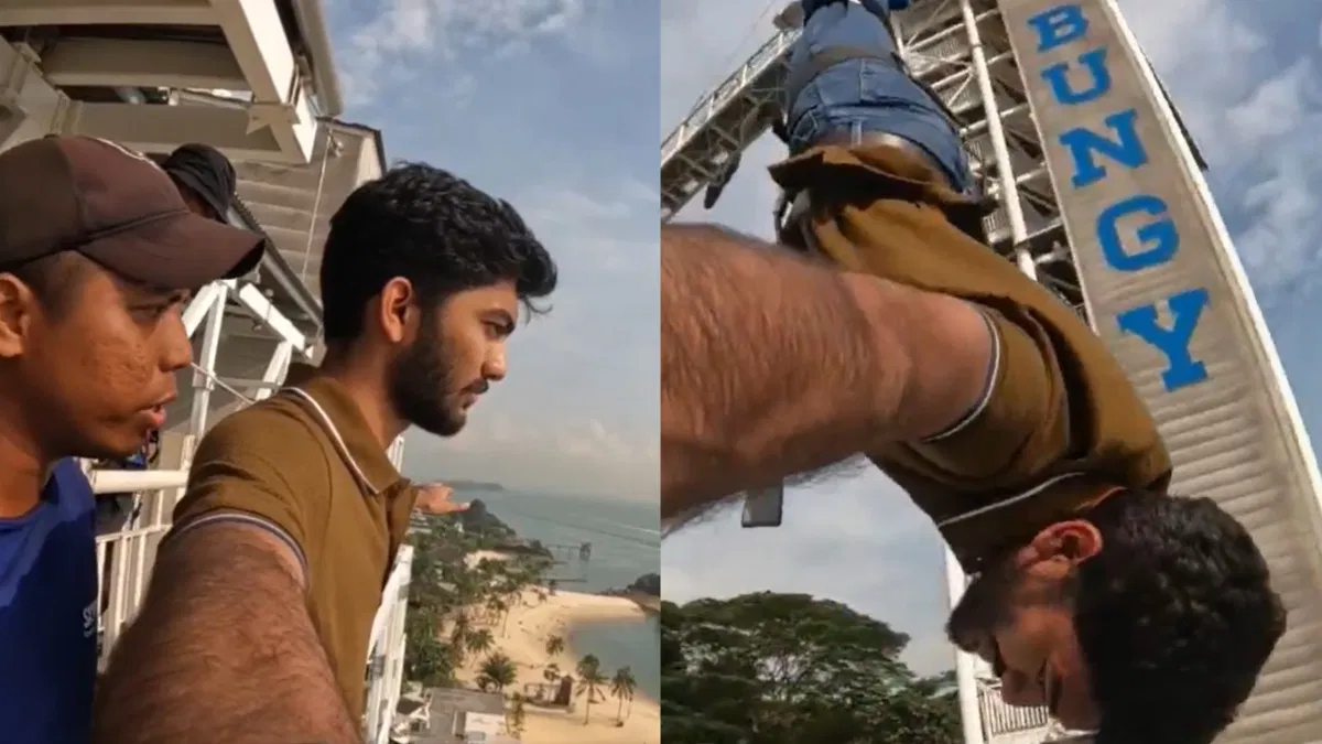 alt="Gukesh Conquers Fear of Heights with Bungee Jump"