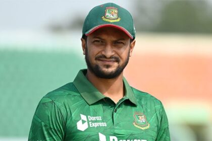 alt="Bangladesh's Shakib Al Hasan has been banned from bowling in ECB competitions due to an illegal action"