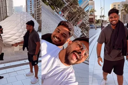 alt="Sreesanth's Joyful Reunion with Sanju Samson in Dubai"