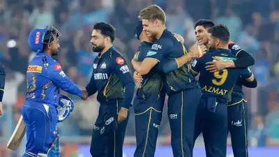 alt="The Mumbai Indians defeat the Gujarat Titans in the IPL Eliminator in Telangana"