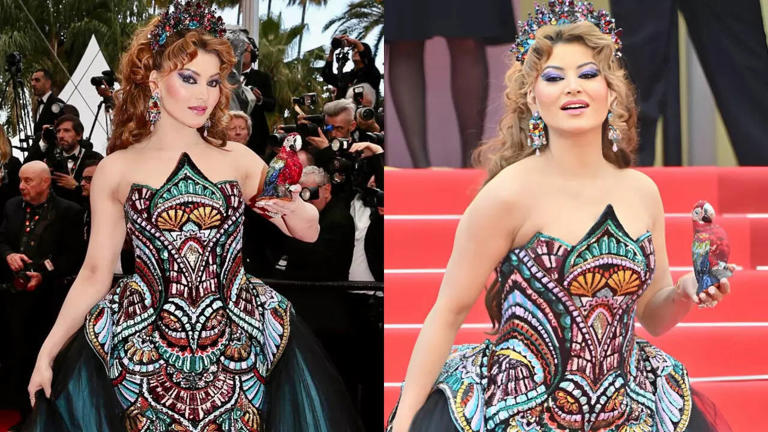 alt="Urvashi Rautela's Live Parrot Stunt Steals Cannes 2025 Spotlight"