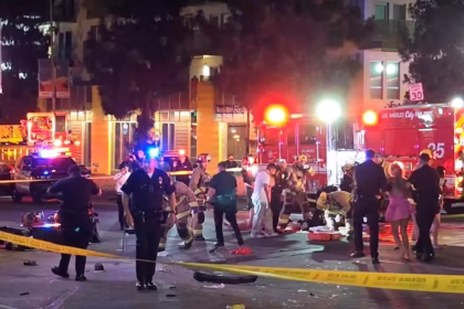 alt="A car crashes into a crowd in East Hollywood, Los Angeles, injuring more than 20 people"