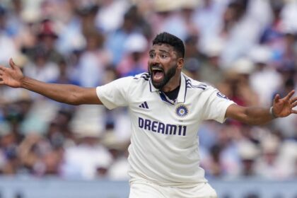 alt="Due to his Duckett send-off gesture, Siraj was fined 15% of the match fee"